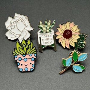 Set of 5 Enamel Pins Crazy Plant Lady Flowers Pinback Hat Backpack Bag Purse